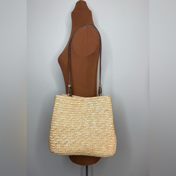 Faded Glory Handbags - Straw Tan Woven Handbag Beaded Straps
